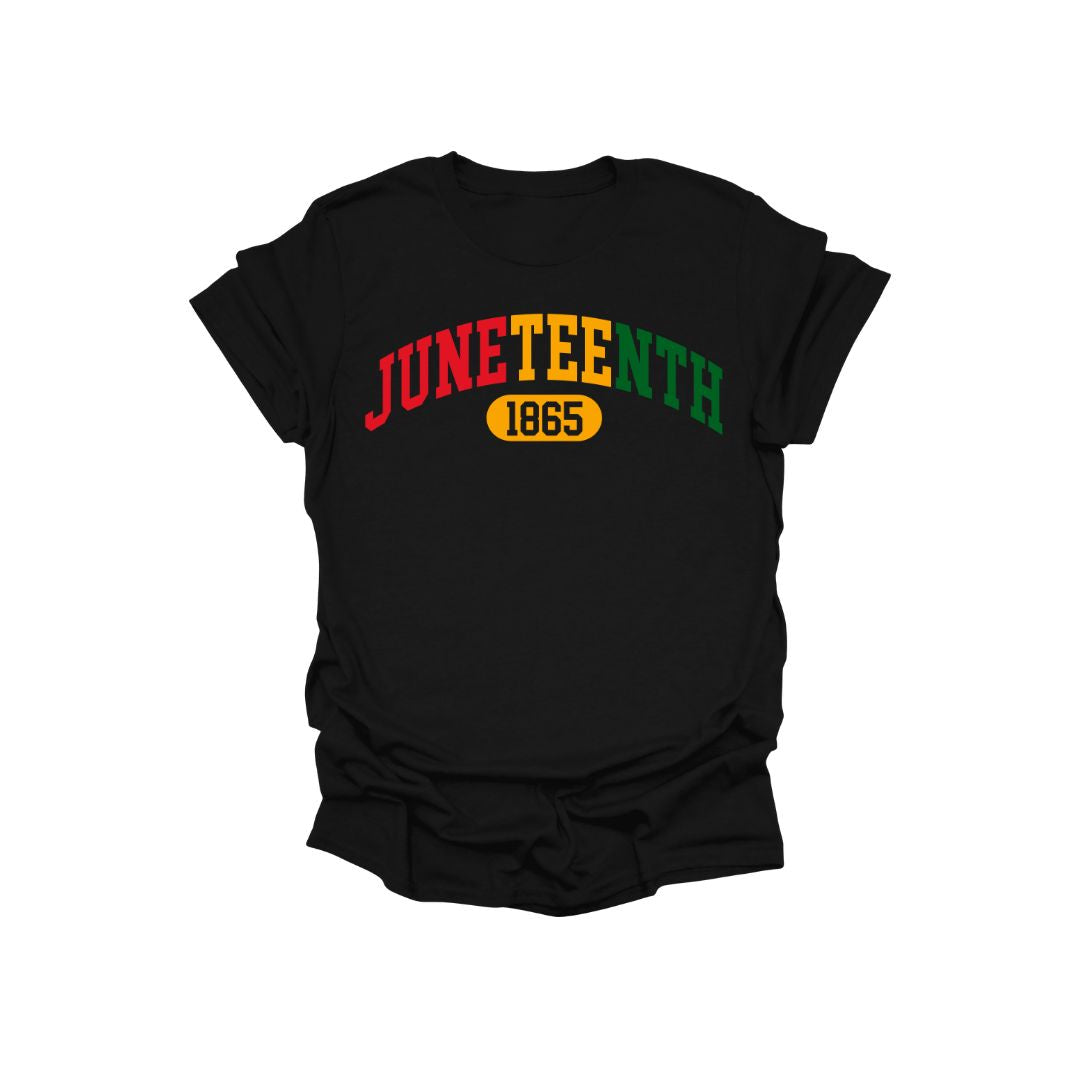 Black t-shirt with 'Juneteenth 1865' text in red, yellow, and green on a white background