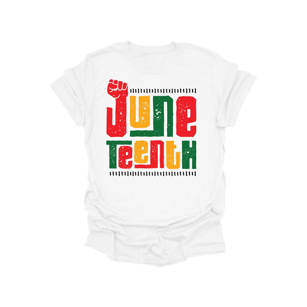 White t-shirt with 'June Teenth' text in red, green, and yellow on a white background