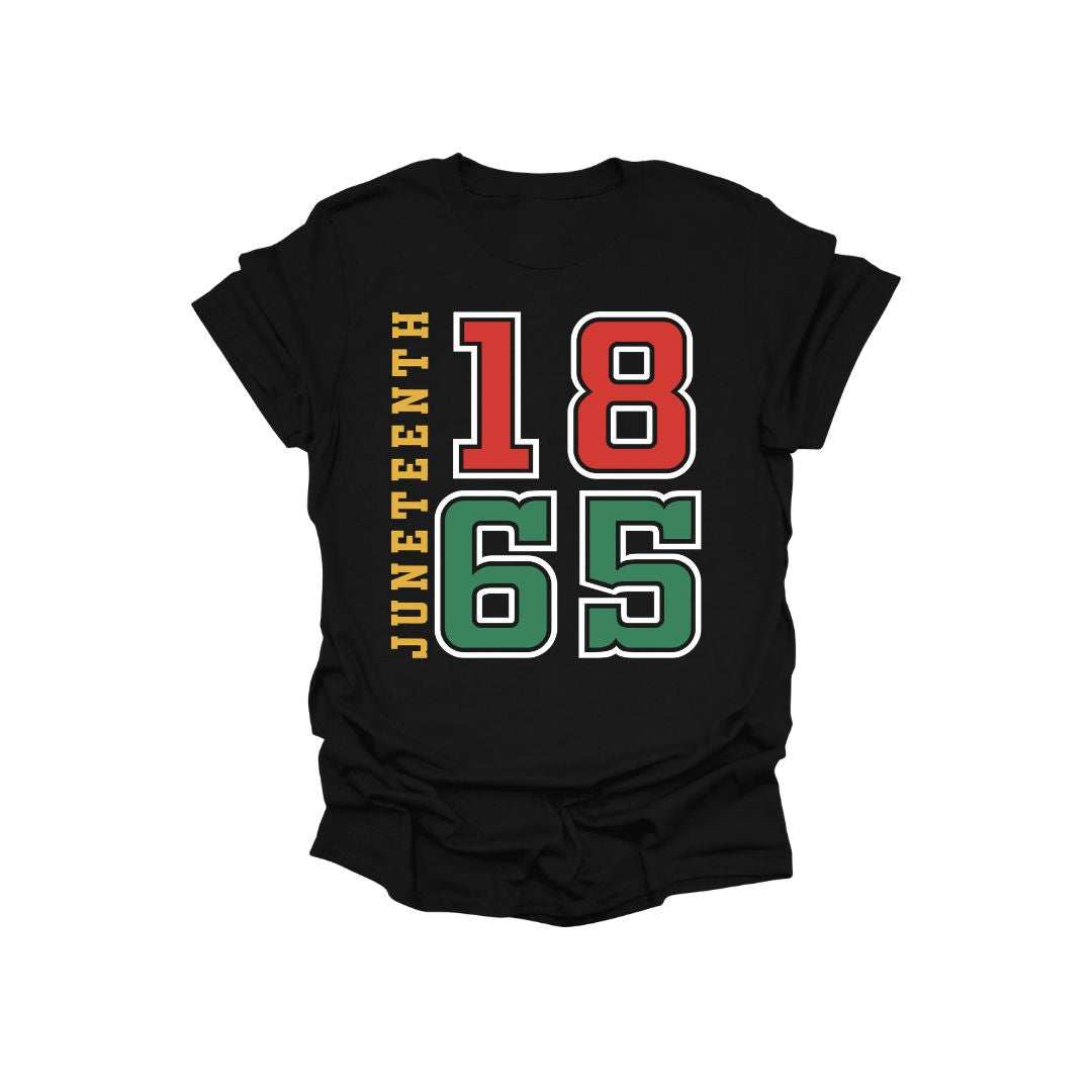 Black t-shirt with 'Juneteenth 1865' text in red, yellow, and green on a white background