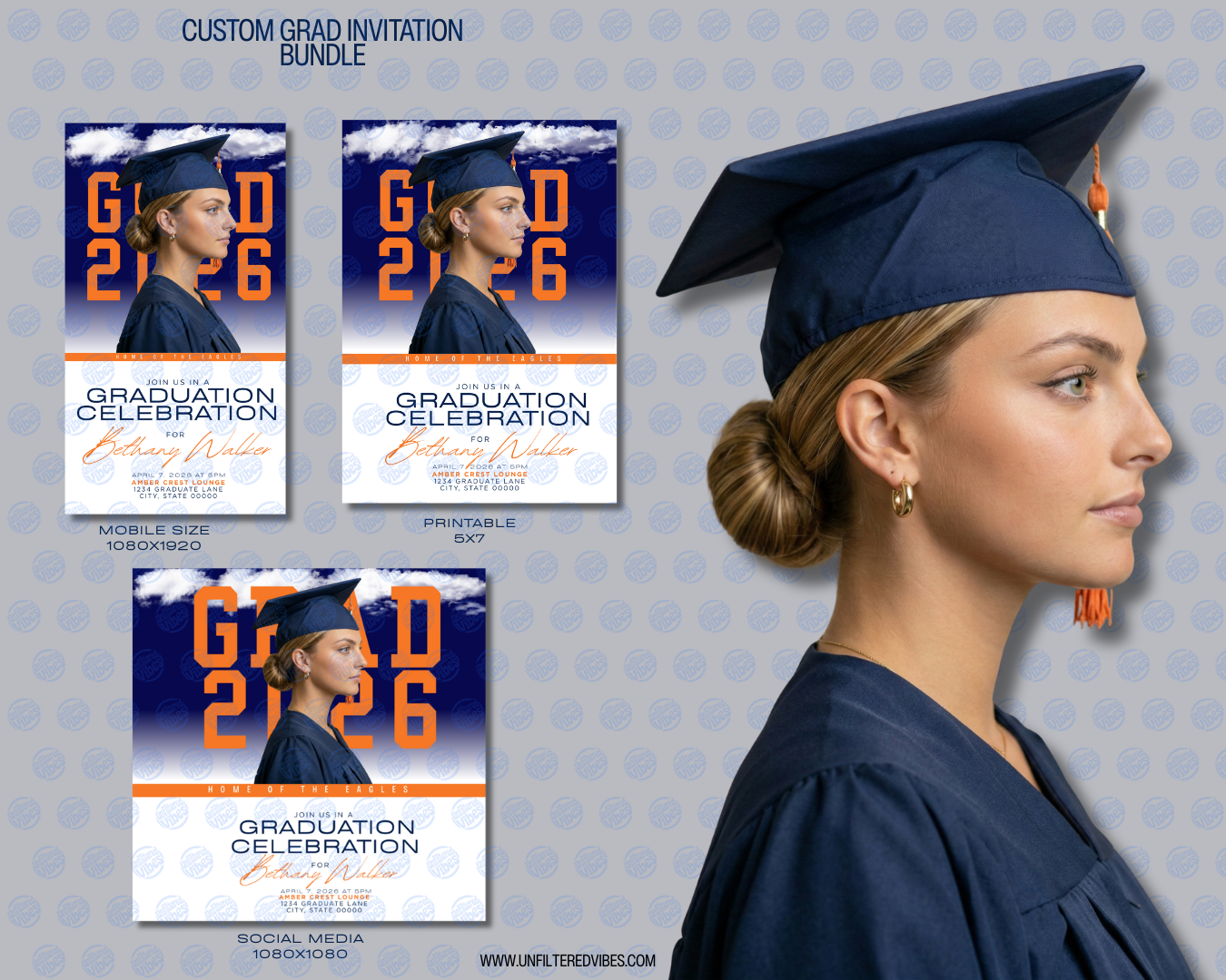 Blue & Orange Graduation Invitation Bundle | Custom Grad Party Invite | Mobile, Social Media & Printable 5x7 Announcement