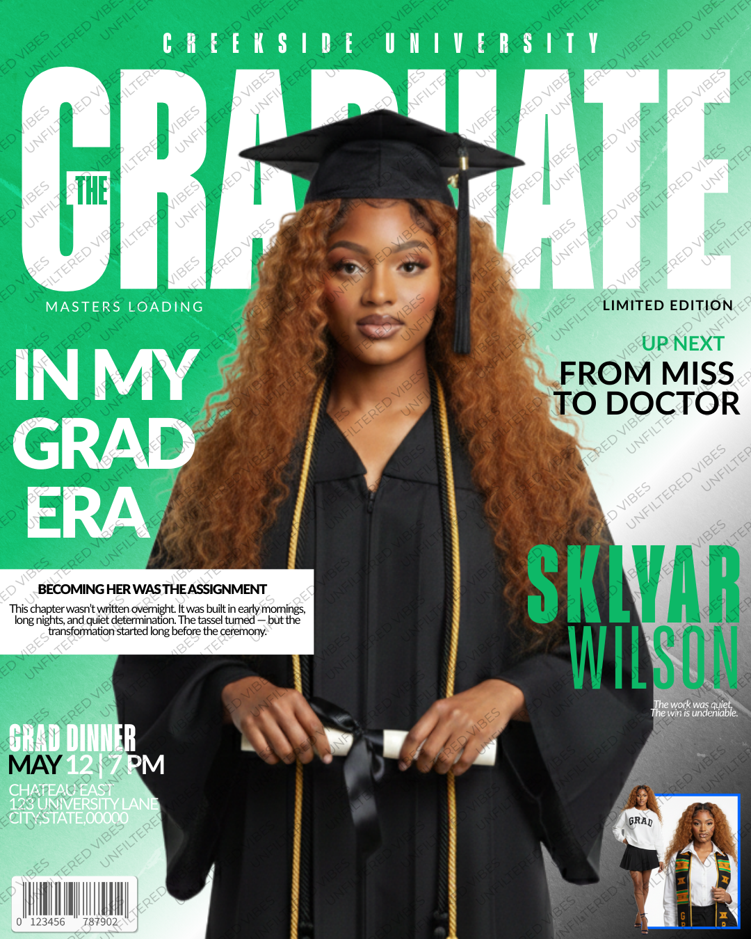 Green Class of 2026 graduation magazine cover template featuring senior in cap and gown, bold editorial layout, editable Canva graduation announcement design, square 8.5 BY 11 inches digital download.