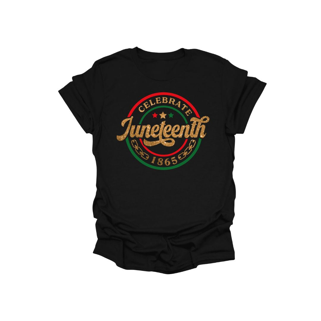 Black t-shirt with 'Celebrate Juneteenth 1865' graphic design on a white background
