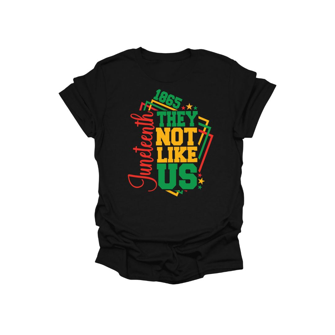 Black t-shirt with colorful 'Juneteenth' text design on a white background