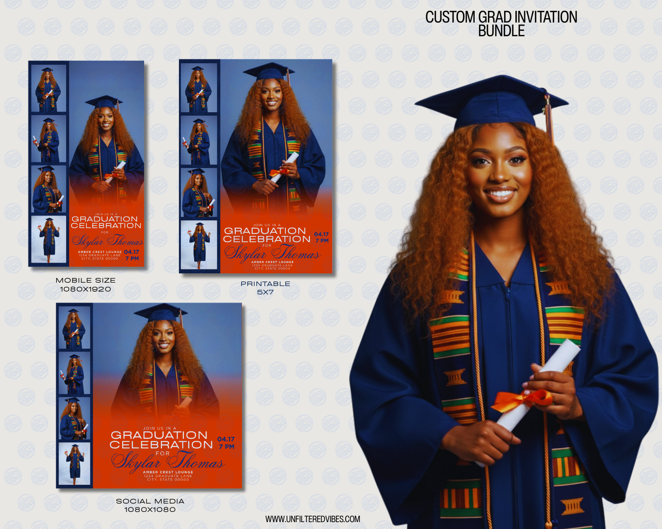 Graduation collage invitation bundle featuring multiple photos of a graduate wearing a cap and gown with orange and navy celebration design available in mobile, social media, and printable formats.