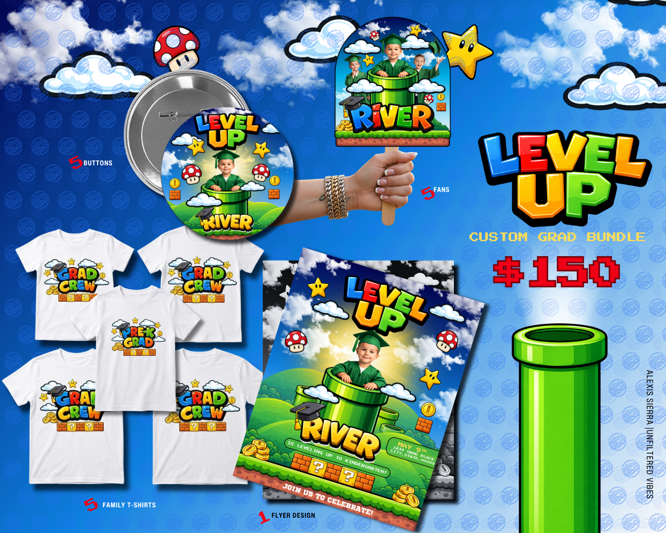 Level Up Graduation Bundle – Custom Pre-K Grad Shirts, Fans, Buttons & Flyer