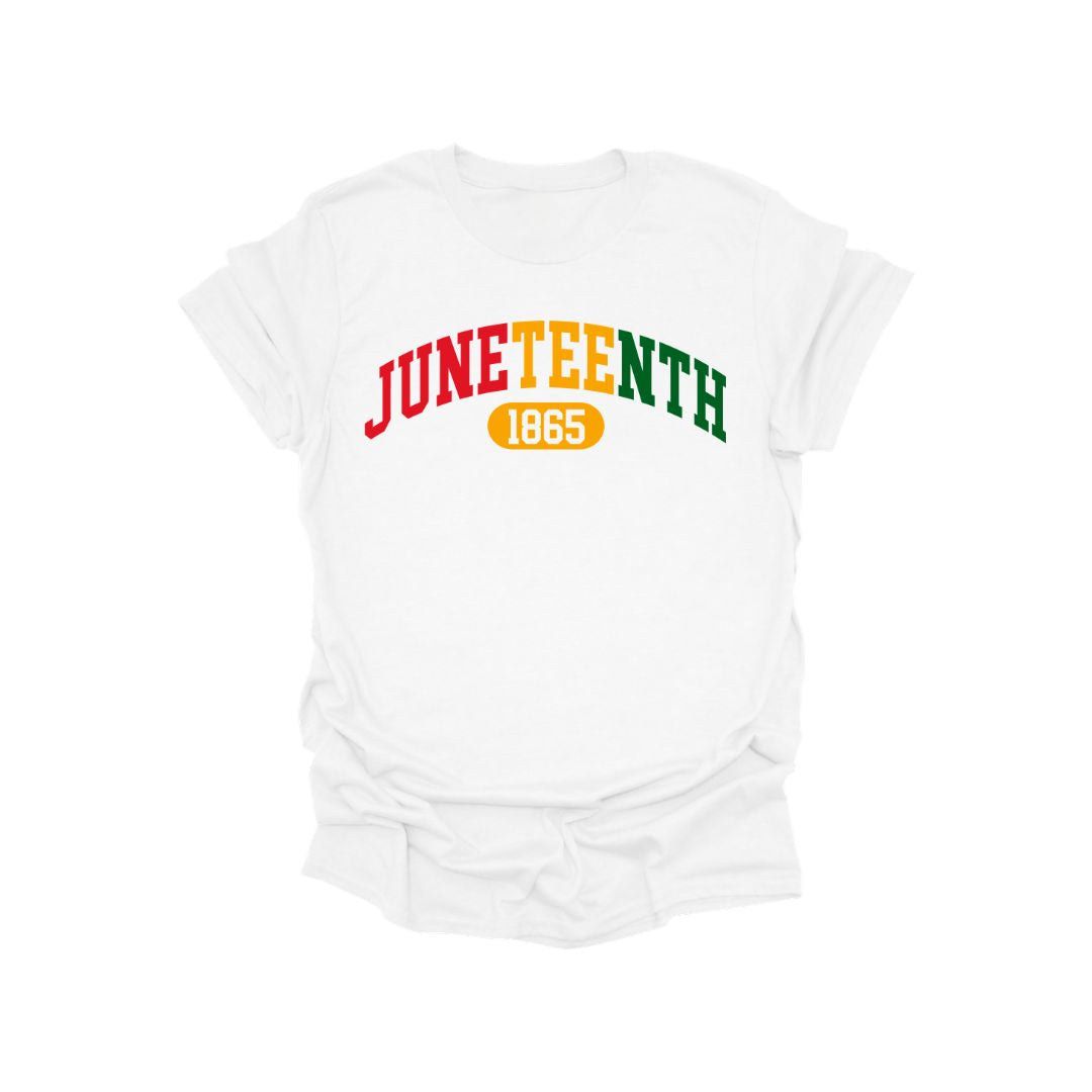 Juneteenth graphic t-shirt featuring oversized colorful block lettering and freedom-inspired design on a unisex cotton tee.