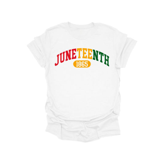 Juneteenth graphic t-shirt featuring oversized colorful block lettering and freedom-inspired design on a unisex cotton tee.
