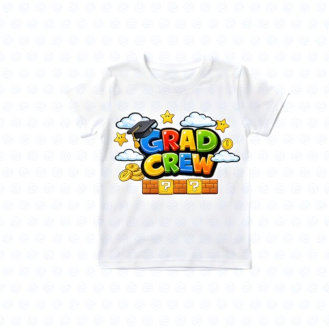 White t-shirt with colorful 'GRAD CREW' design on a white background