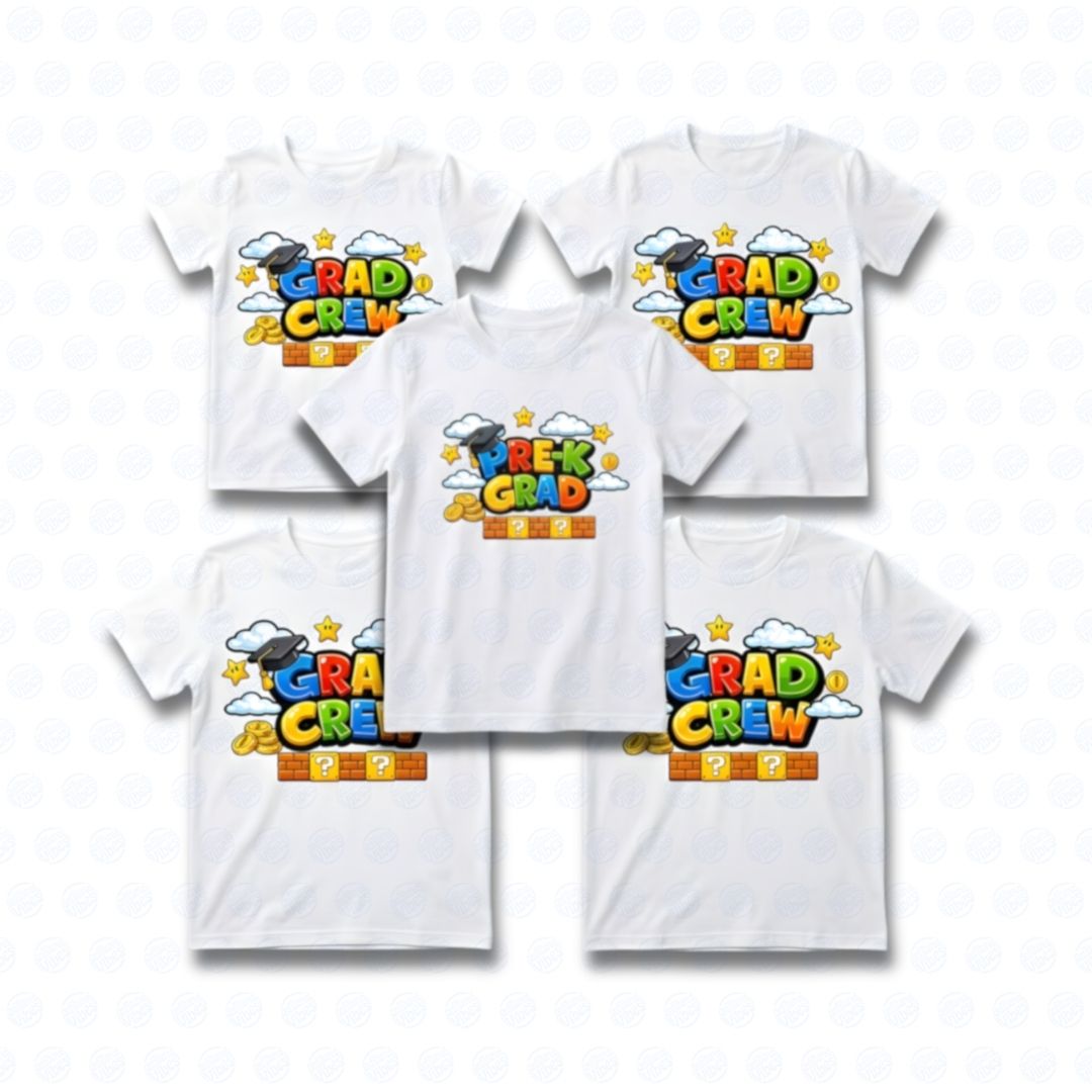 Four white t-shirts with 'Grad Crew' text and graphics on a white background