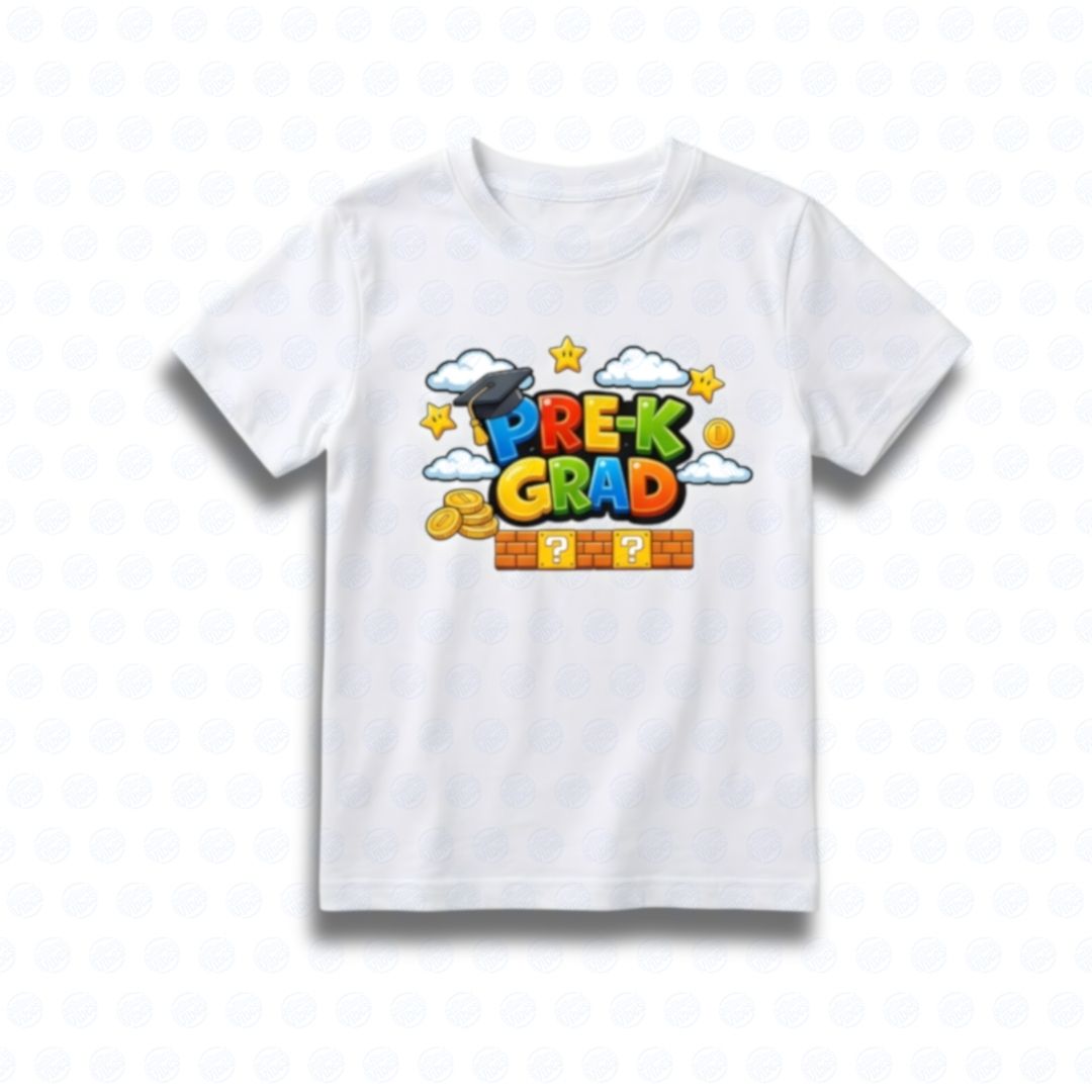 White t-shirt with 'Pre-K Grad' design on a white background