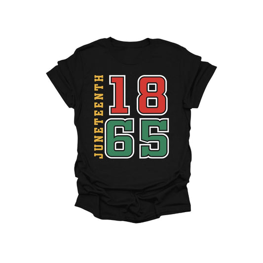 Black t-shirt with 'Juneteenth 1865' text in red, yellow, and green on a white background