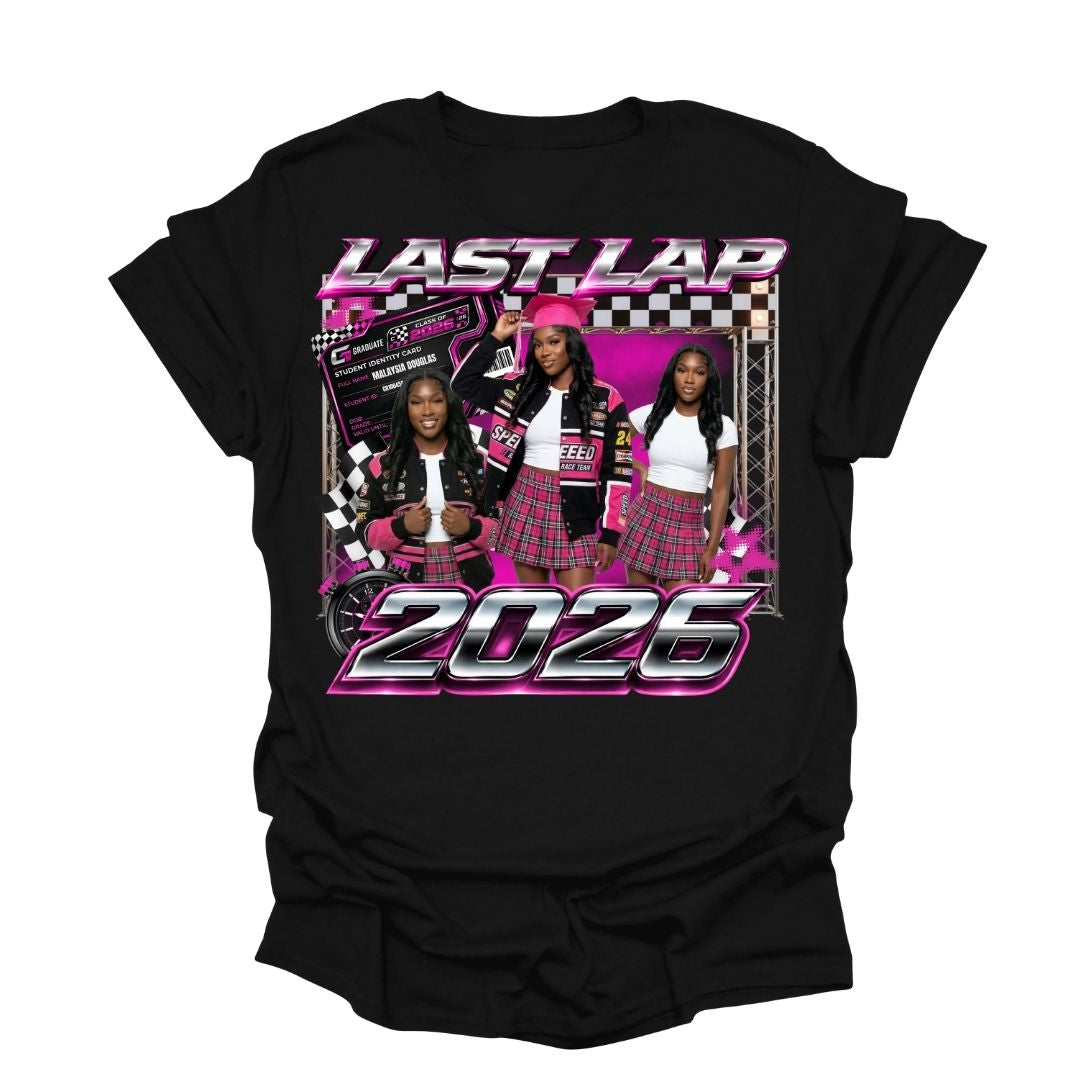 Black t-shirt with 'Last Lap 2026' design featuring three women and checkered flags on a white background.