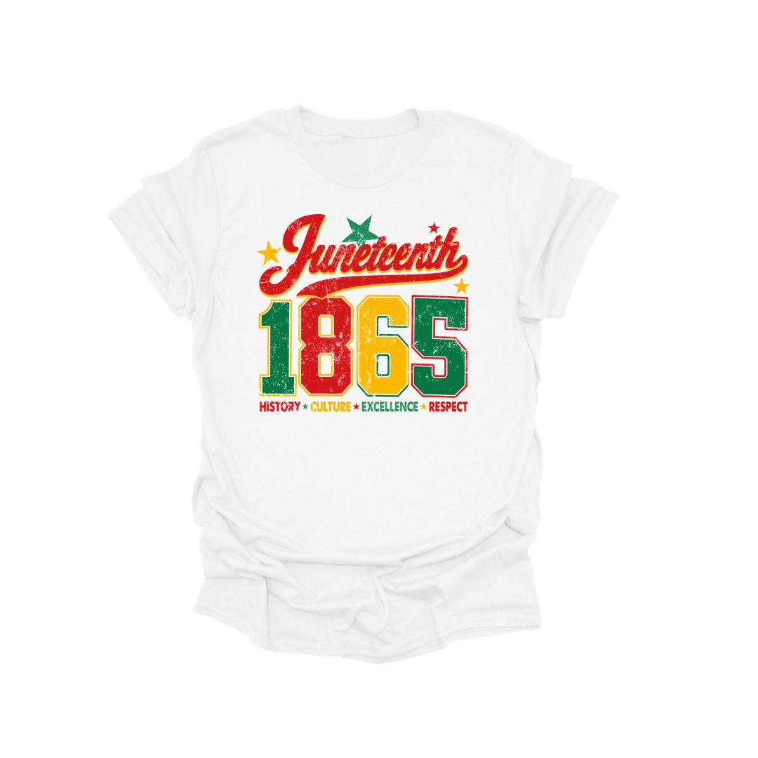 Juneteenth 1865 varsity-style graphic t-shirt featuring collegiate lettering and heritage-inspired colors on a cotton shirt.