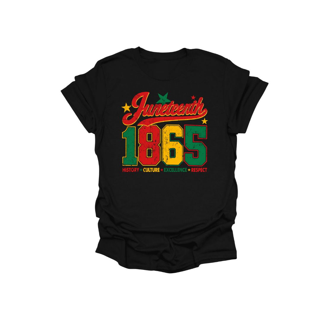 Black t-shirt with 'Juneteenth 1865' design in red, yellow, and green on a white background