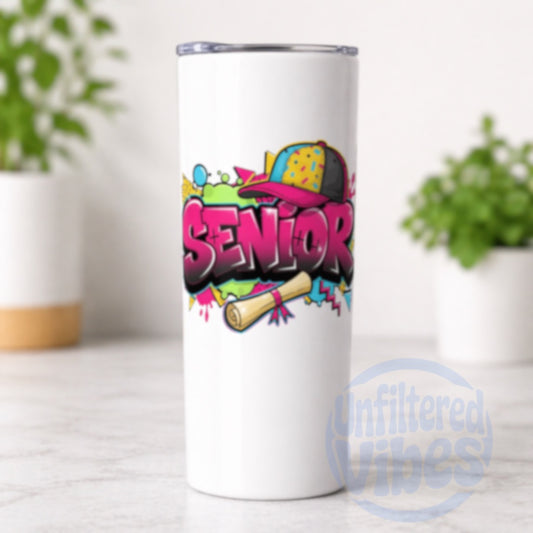 White 20 oz skinny tumbler featuring colorful Senior graphic design with diploma illustration suitable as a Class of 2026 graduation gift or keepsake.