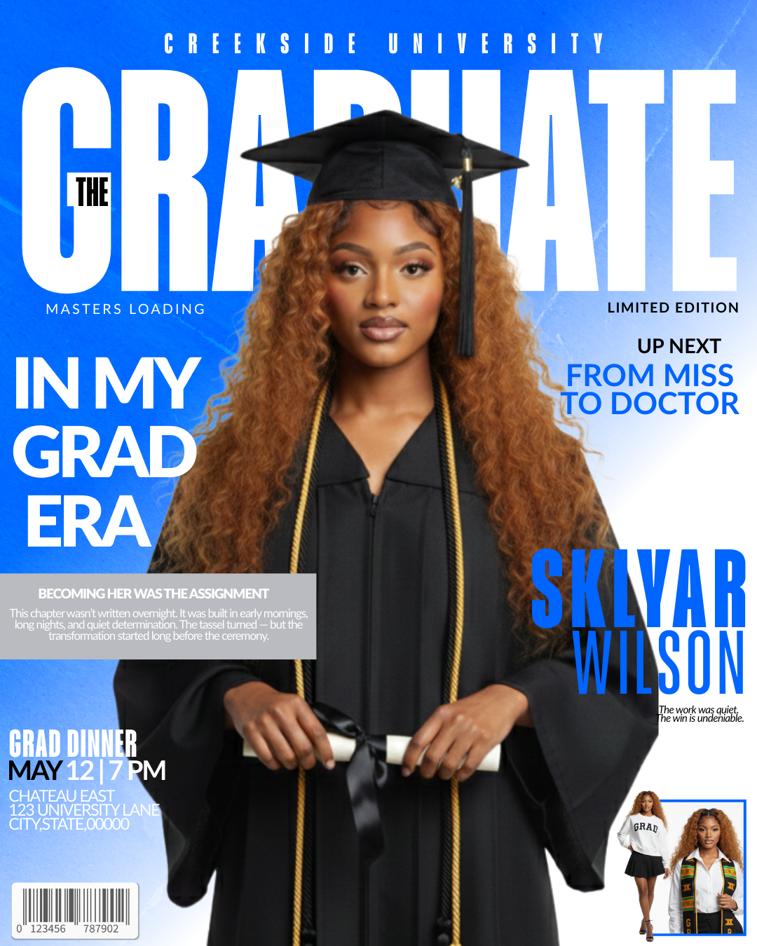 Blue graduation magazine cover template for seniors, Class of 2026 editable Canva announcement design, modern grad party digital invitation.