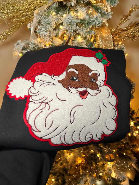 Black Santa Chenille Patch Christmas Sweatshirt – Textured Holiday Crewneck | Unfiltered Vibes
