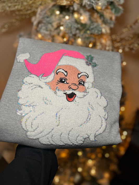 Santa Chenille Patch Christmas Sweatshirt – Grey Crewneck | Unfiltered Vibes