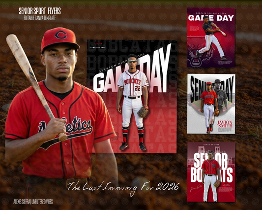 Senior sports flyer Canva template for baseball athlete, Class of 2026 game day and senior night announcement design.