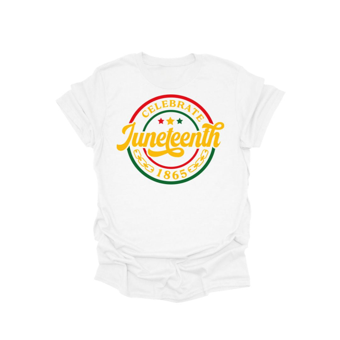 Juneteenth Celebrate 1865 graphic t-shirt featuring a circular heritage emblem in red, gold, and green on a unisex cotton shirt.
