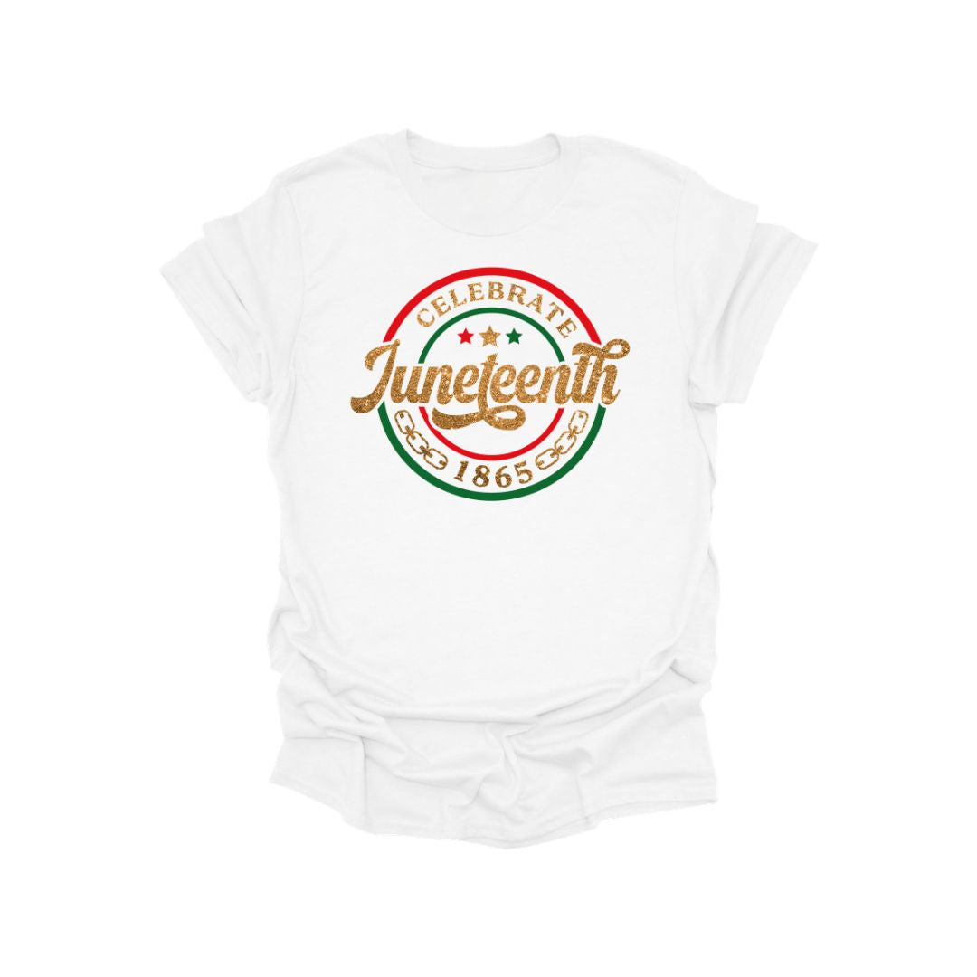 Juneteenth Strong Since 1865 graphic t-shirt featuring bold typography, raised fist artwork, and Pan-African colors on a cotton tee.