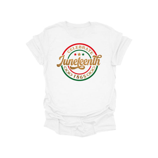Juneteenth Strong Since 1865 graphic t-shirt featuring bold typography, raised fist artwork, and Pan-African colors on a cotton tee.