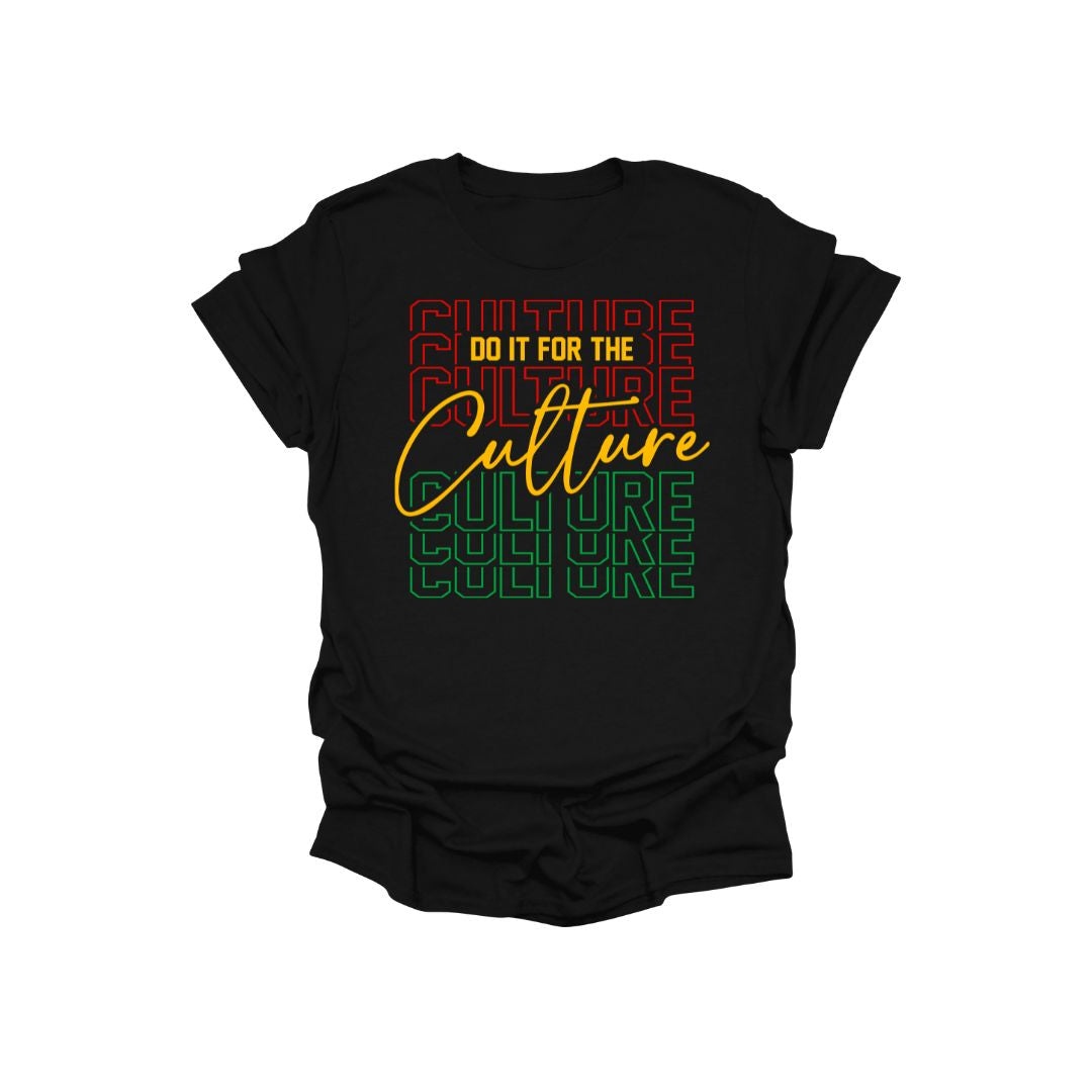 Black t-shirt with colorful 'Culture' text design on a white background