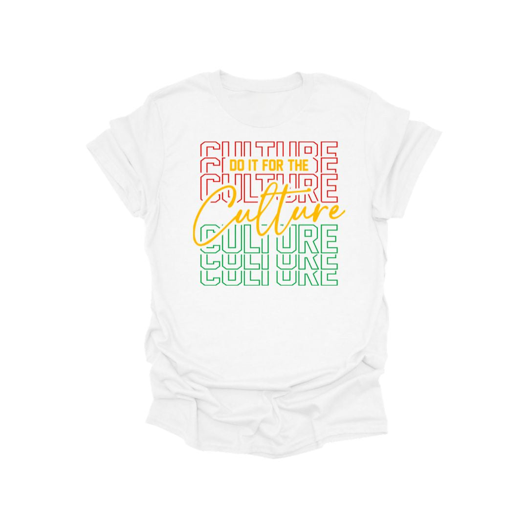 White t-shirt with 'Culture' text in various colors on a white background