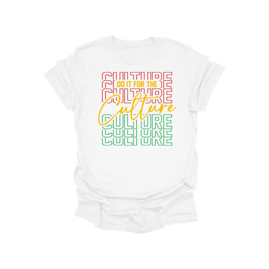 White t-shirt with 'Culture' text in various colors on a white background