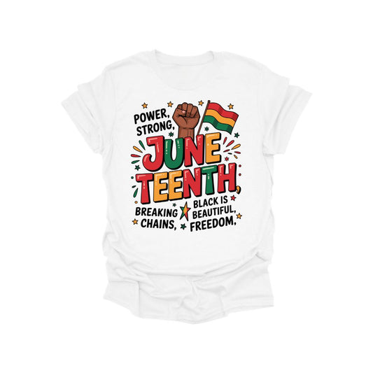 Juneteenth Strong Since 1865 graphic t-shirt featuring bold typography, raised fist artwork, and Pan-African colors on a cotton tee.