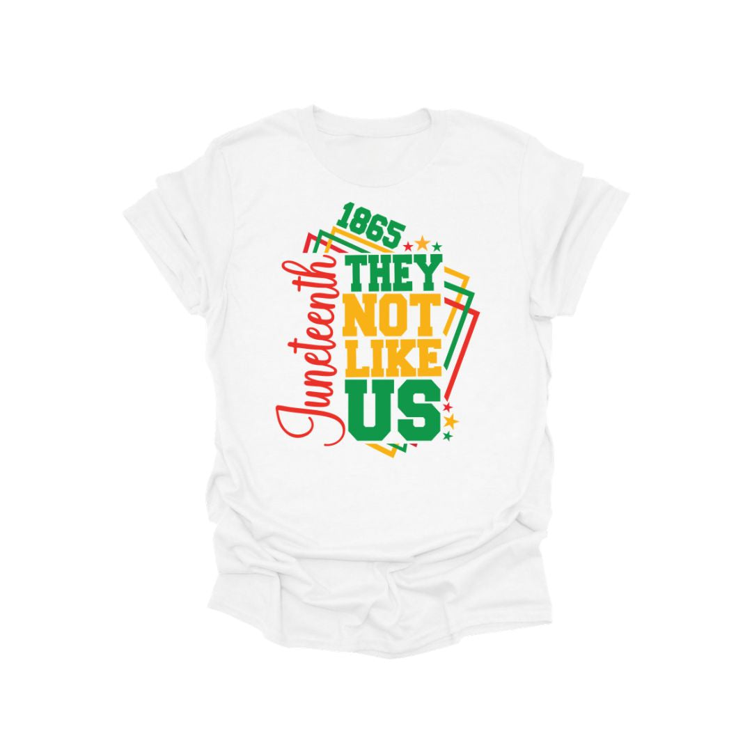 Juneteenth They Not Like Us graphic t-shirt featuring bold statement typography and Pan-African color accents on a cotton shirt.