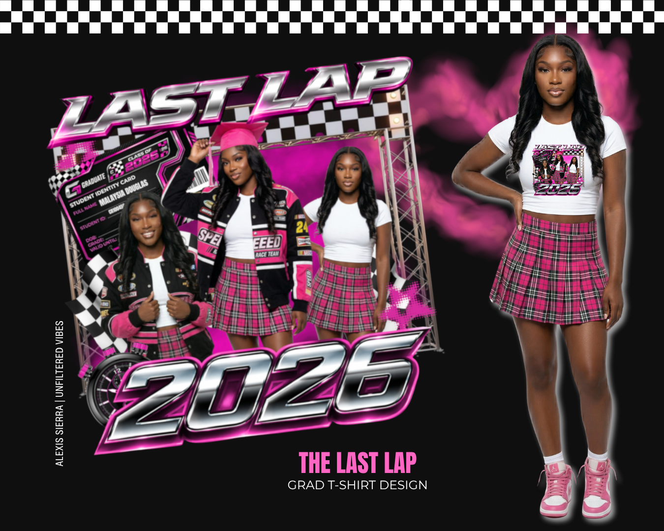 Promotional graphic for 'The Last Lap' 2026 graduation t-shirt design featuring a girl in a school uniform.