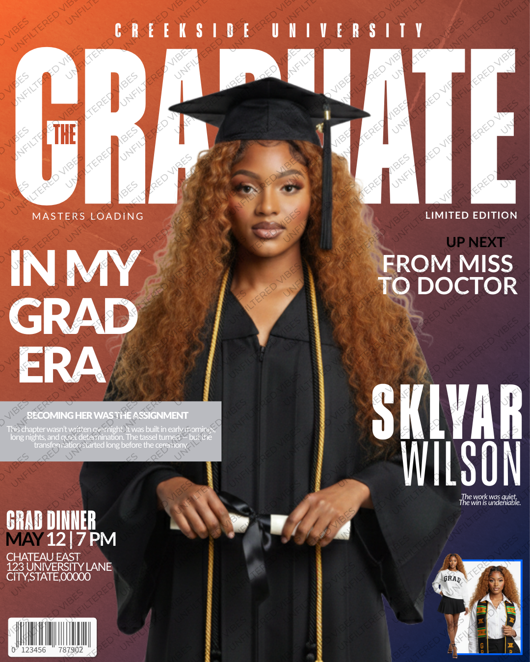 Orange graduation magazine cover template for Class of 2026 featuring bold editorial typography, senior in black cap and gown, customizable Canva graduation announcement, square social media grad invite design.