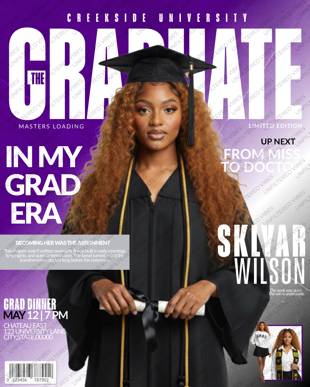 Class of 2026 graduation magazine cover template in purple featuring a female senior in cap and gown, bold editorial layout, customizable Canva graduation announcement design, square 8.5 X 11 INCHES digital download.