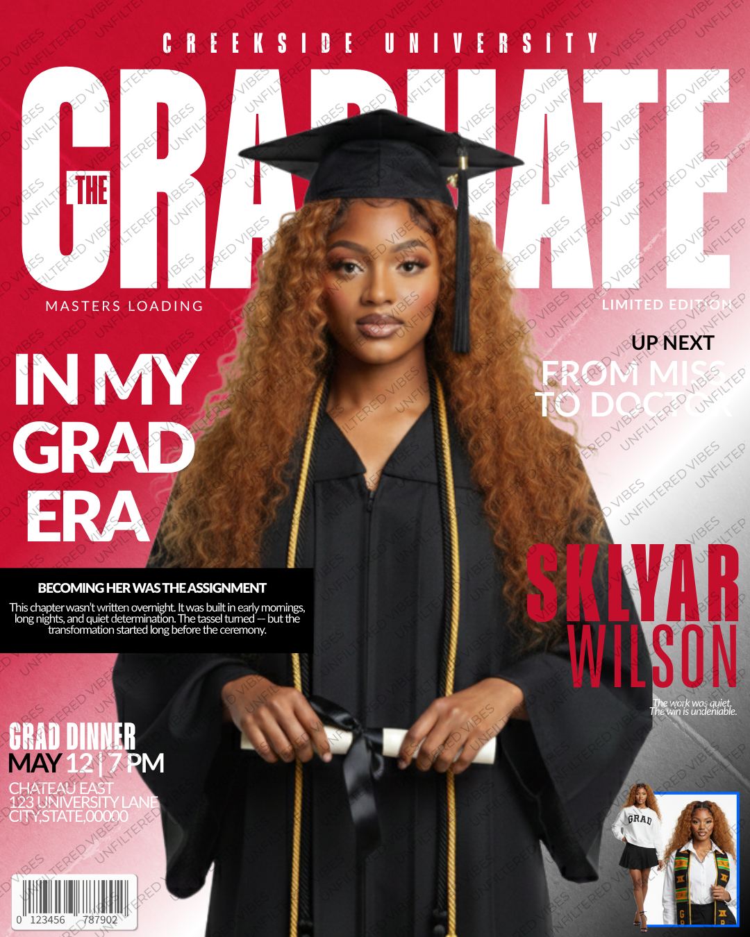 Red Class of 2026 graduation magazine cover template with senior portrait in cap and gown, modern magazine-style graduation announcement, editable Canva template for grad party invitation, digital download file.