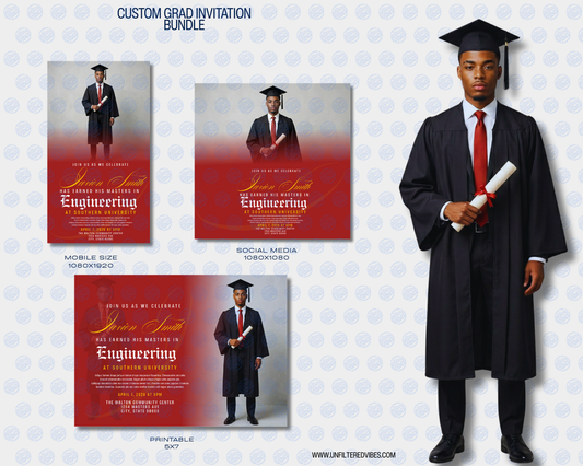 Graduation-themed invitation bundle with a man in graduation attire on a light blue polka dot background.