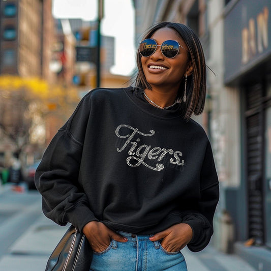 Rhinestone “Tigers” Script Sweatshirt | Homecoming Bling Spirit Wear (Pre-Order)