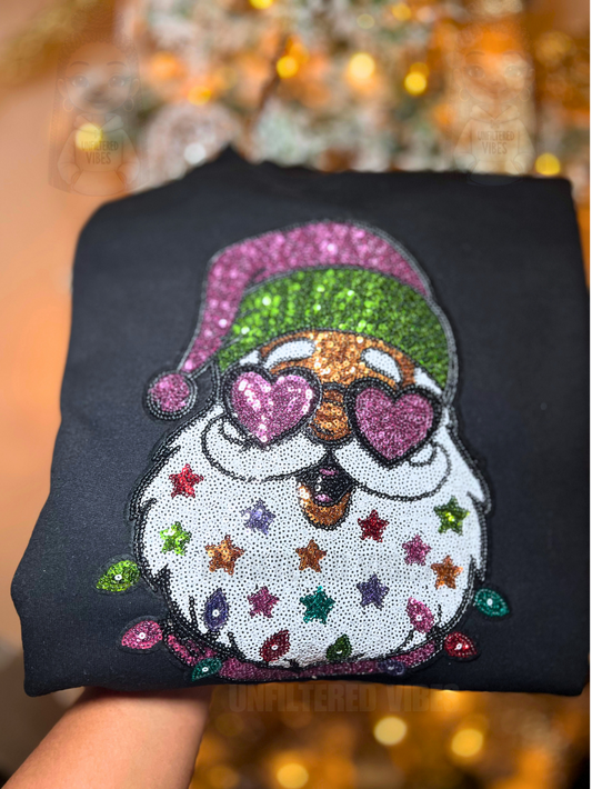 Sequin Santa Heart-Eyes Christmas Sweatshirt – Multicolor Sparkle Patch | Unfiltered Vibes