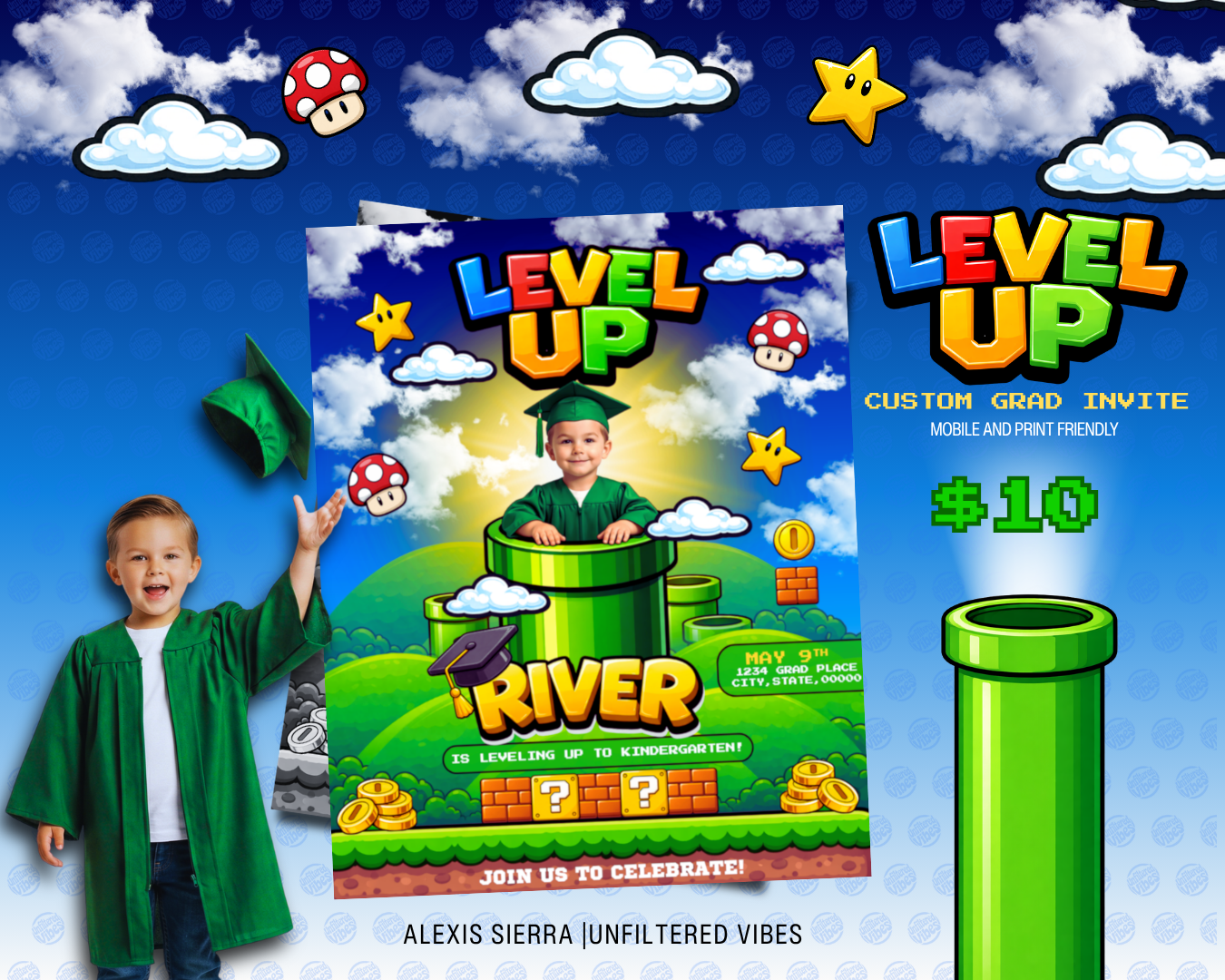 Custom Level Up Graduation Flyer – Mario Inspired Pre-K Grad Invitation – Personalized Photo Graduation Invite Digital Download